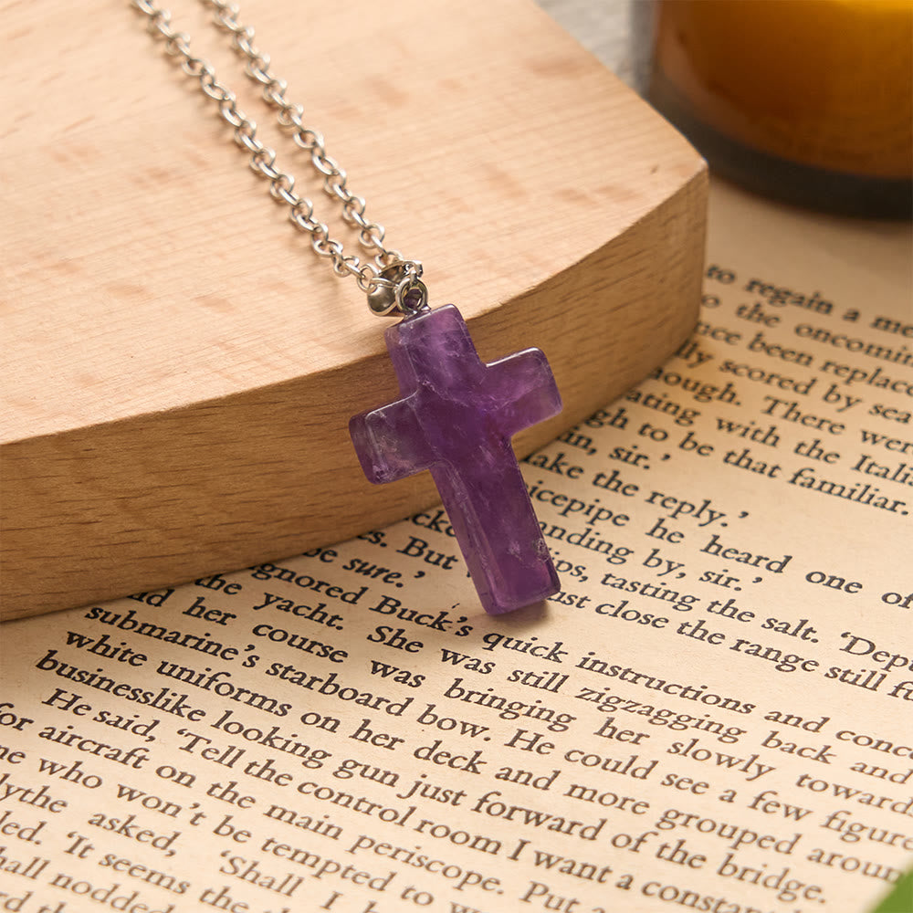 SolaceBeads Natural Carved Stone Cross Necklace: Gentle Faith In Natural Crystal - Amethyst - image 4