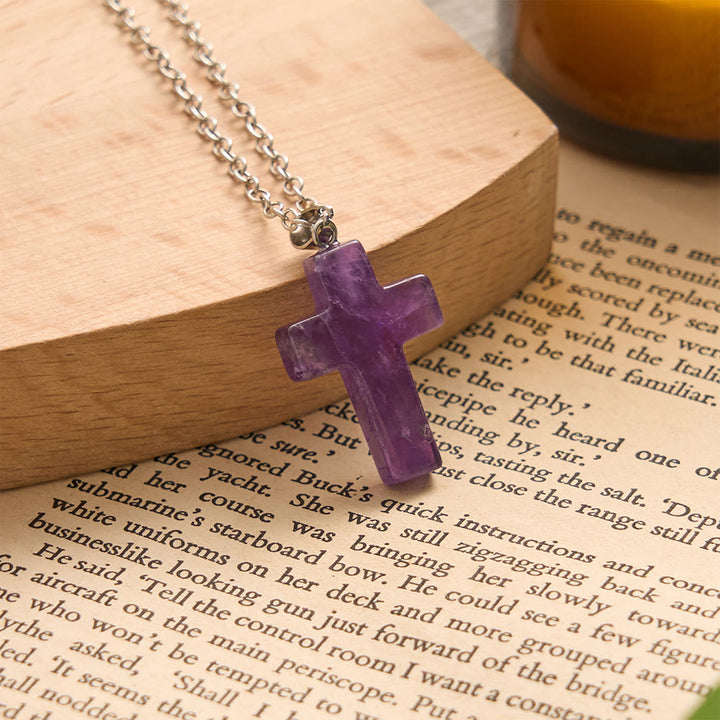SolaceBeads Natural Carved Stone Cross Necklace: Gentle Faith In Natural Crystal - Amethyst - image 4