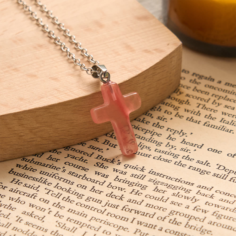 SolaceBeads Natural Carved Stone Cross Necklace: Gentle Faith In Natural Crystal - Watermelon Red Quartz - image 1