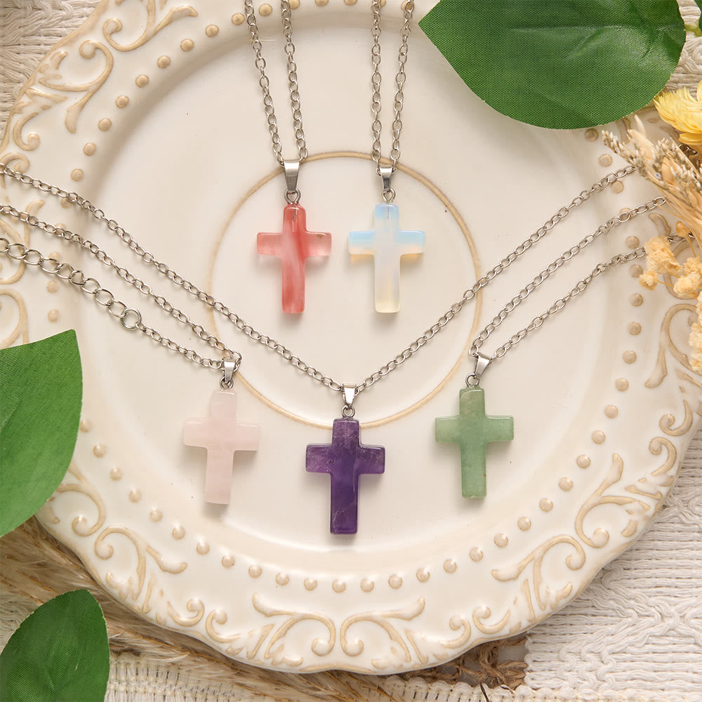 SolaceBeads Natural Carved Stone Cross Necklace: Gentle Faith In Natural Crystal - image 0