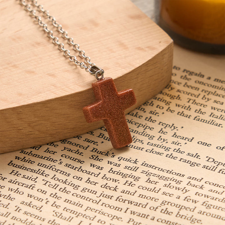 Solacebeads Natural Carved Stone Cross Necklace: Timeless Faith In Natural Gemstone - Goldstone - image 2