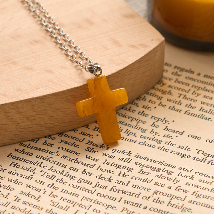 Solacebeads Natural Carved Stone Cross Necklace: Timeless Faith In Natural Gemstone - Yellow Jade - image 4