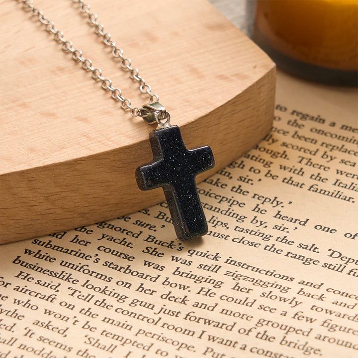 Solacebeads Natural Carved Stone Cross Necklace: Timeless Faith In Natural Gemstone - Blue Sandstone - image 1