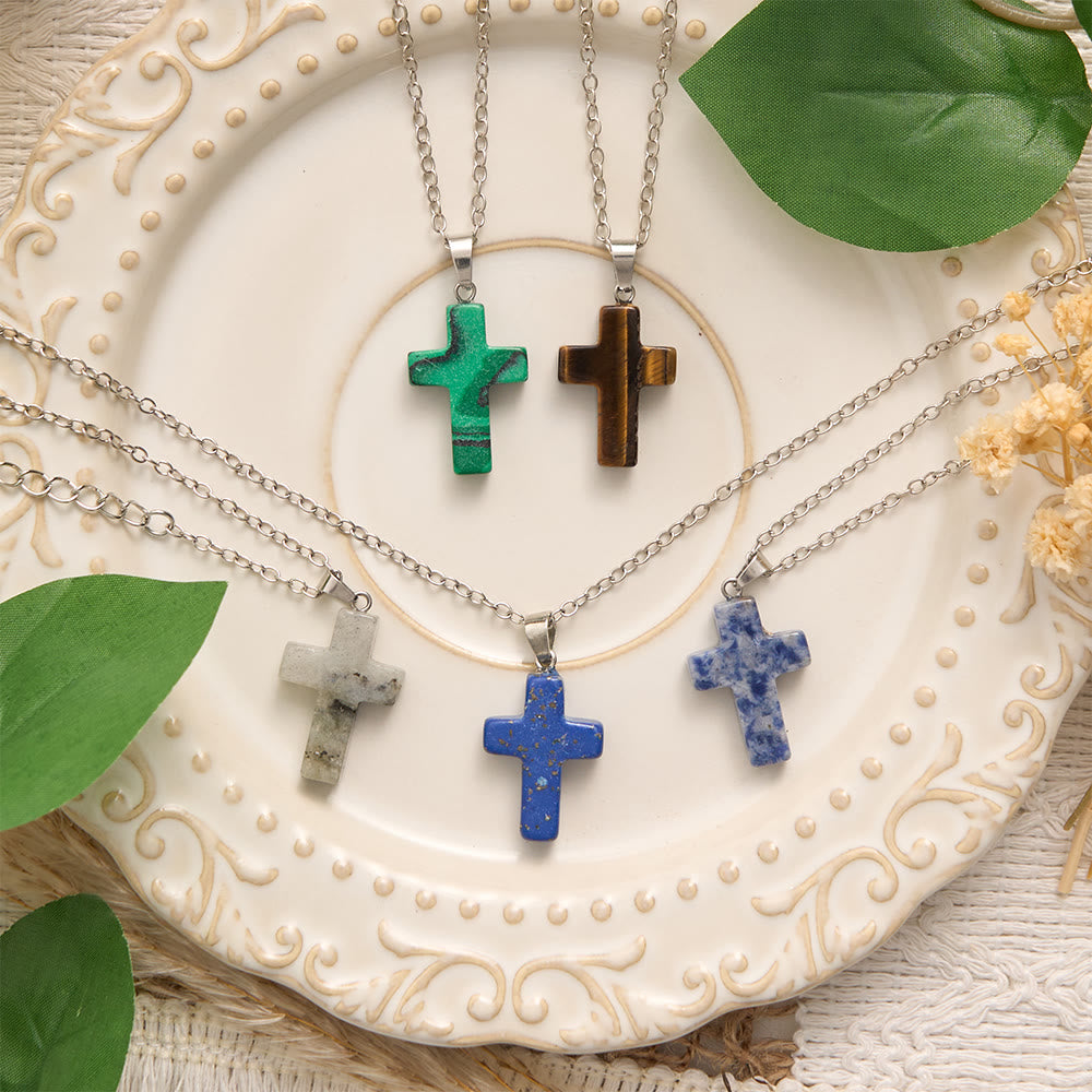 SolaceBeads Natural Carved Stone Cross Necklace: Sacred Faith In Earth‑Toned Gemstones - image 0