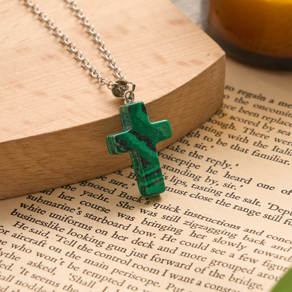 SolaceBeads Natural Carved Stone Cross Necklace: Sacred Faith In Earth‑Toned Gemstones - Malachite - image 1