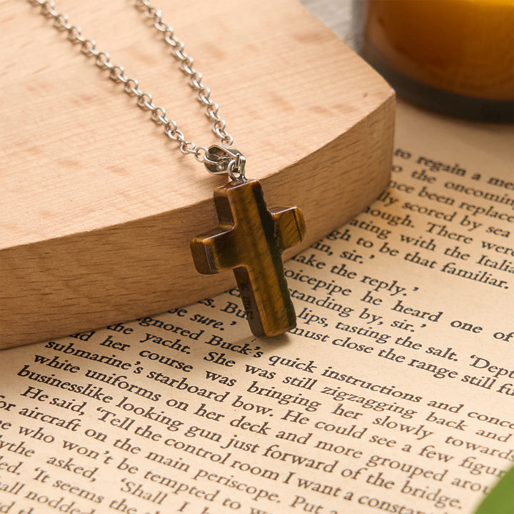SolaceBeads Natural Carved Stone Cross Necklace: Sacred Faith In Earth‑Toned Gemstones - Tiger Eye - image 2