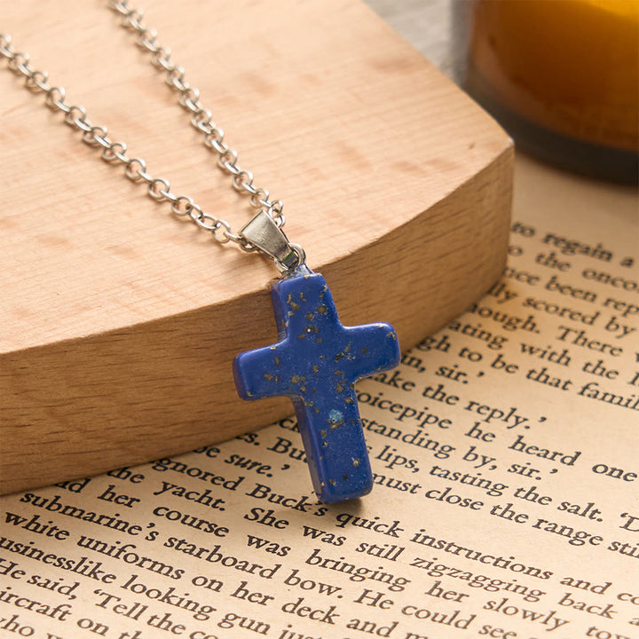 SolaceBeads Natural Carved Stone Cross Necklace: Sacred Faith In Earth‑Toned Gemstones - Lapis Lazuli - image 4