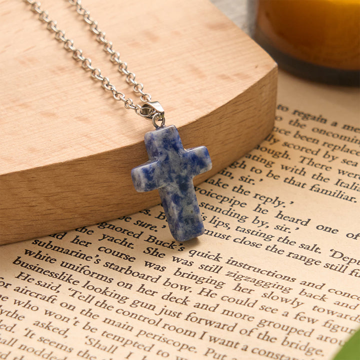 SolaceBeads Natural Carved Stone Cross Necklace: Sacred Faith In Earth‑Toned Gemstones - Blue Spot Jasper - image 5