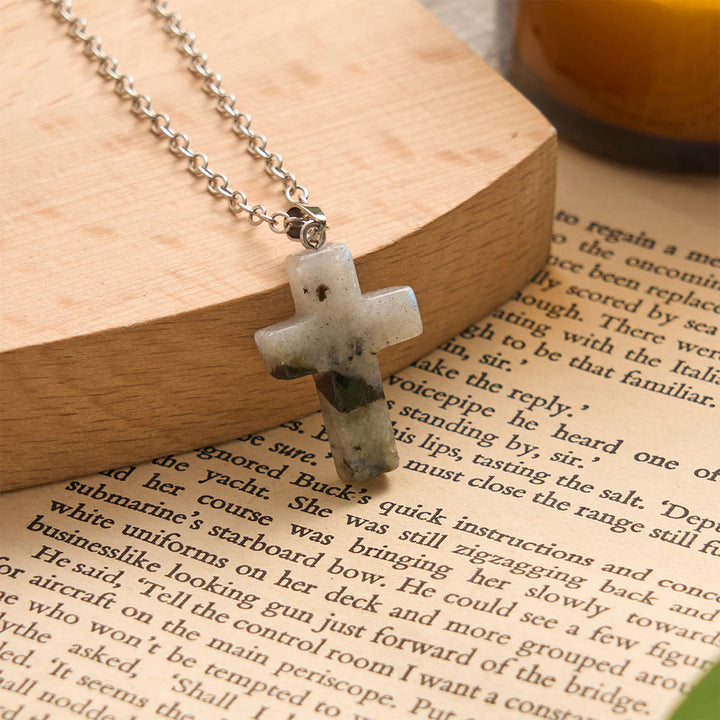 SolaceBeads Natural Carved Stone Cross Necklace: Sacred Faith In Earth‑Toned Gemstones - Labradorite - image 3