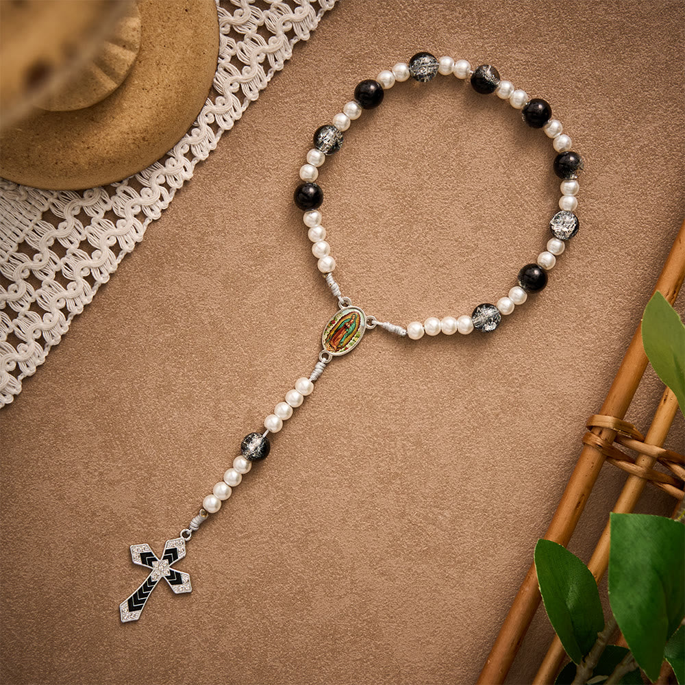 SolaceBeads Guadalupe Pocket Rosary, Guardian Blessing Pearl & Glass Bead - Black - image 0