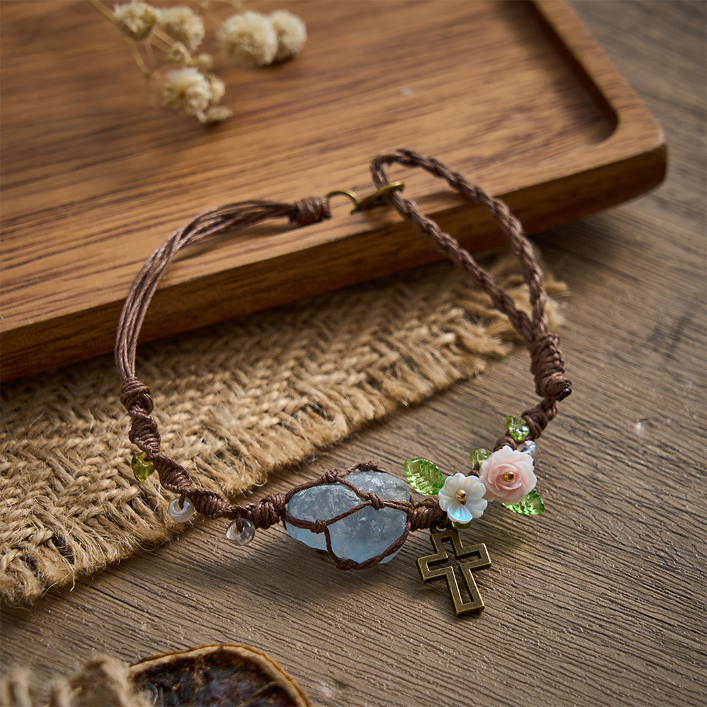 SolaceBeads Woven Adjustable Bracelet With Blue Natural Stone & Hollow Cross: Handmade Faith Jewelry - Natural Blue Stone - image 0