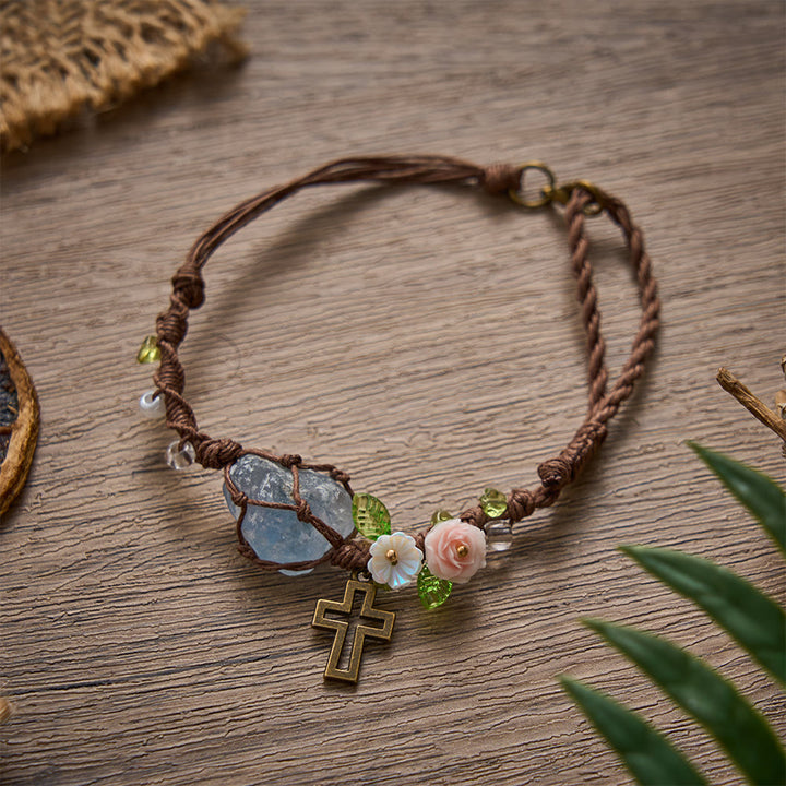 SolaceBeads Woven Adjustable Bracelet With Blue Natural Stone &amp; Hollow Cross: Handmade Faith Jewelry - image 3
