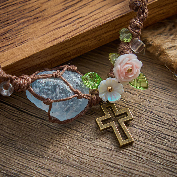 SolaceBeads Woven Adjustable Bracelet With Blue Natural Stone &amp; Hollow Cross: Handmade Faith Jewelry - image 2