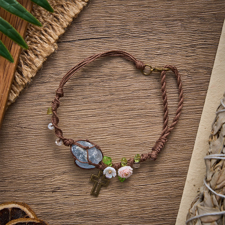 SolaceBeads Woven Adjustable Bracelet With Blue Natural Stone &amp; Hollow Cross: Handmade Faith Jewelry - image 4