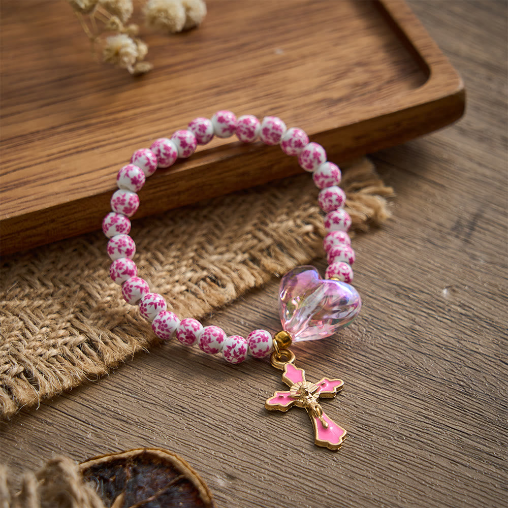 SolaceBeads Bracelet: Gentle Floral Ceramic Beads & Pink Heart For Quiet Devotion - Pink & Floral - image 0