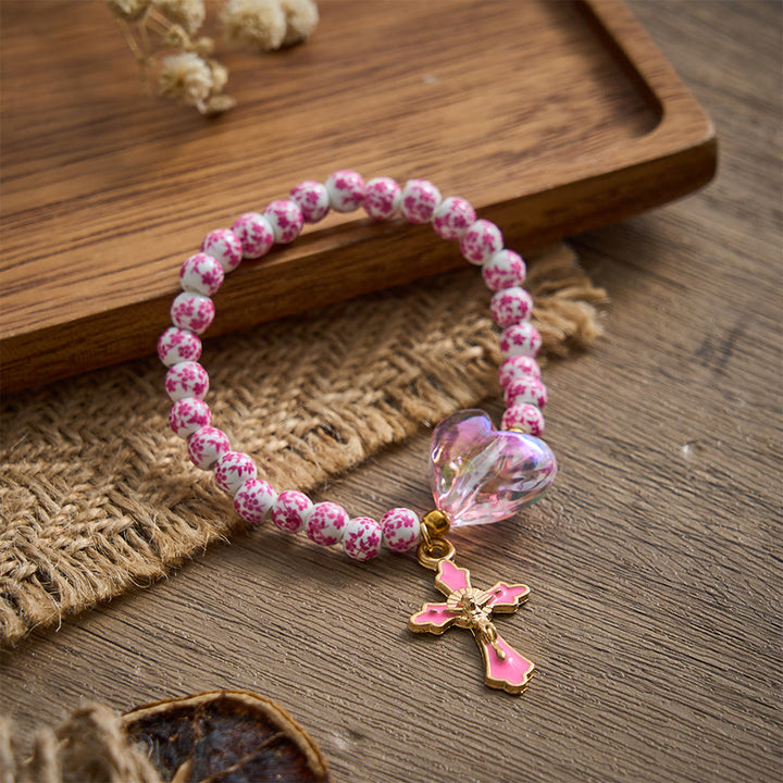 SolaceBeads Bracelet: Gentle Floral Ceramic Beads &amp; Pink Heart For Quiet Devotion - Pink &amp; Floral - image 0