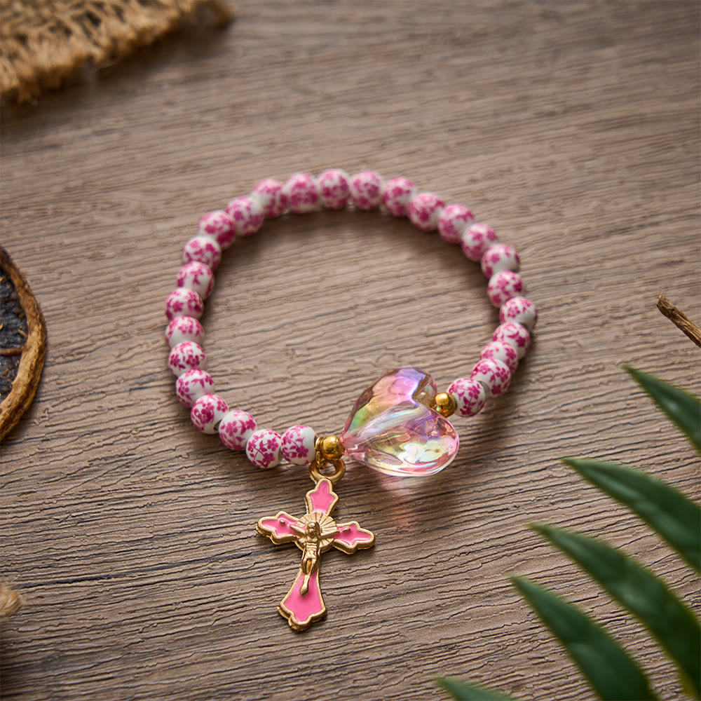 SolaceBeads Bracelet: Gentle Floral Ceramic Beads &amp; Pink Heart For Quiet Devotion - image 1