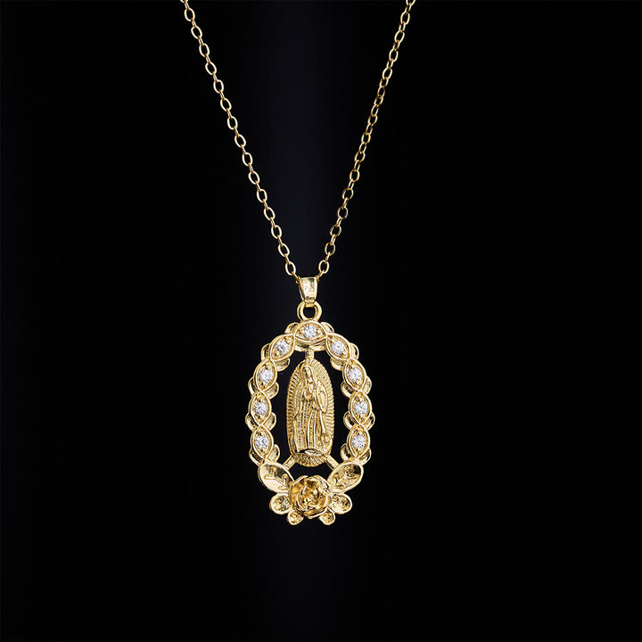 SolaceBeads Our Lady of Guadalupe Gold‑Tone Necklace: Ornate Floral &amp; Crystal Faith Pendant - image 1