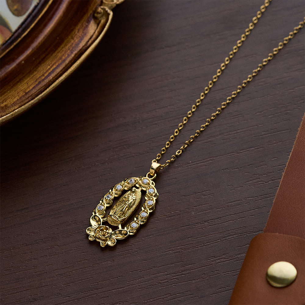 SolaceBeads Our Lady of Guadalupe Gold‑Tone Necklace: Ornate Floral &amp; Crystal Faith Pendant - image 4