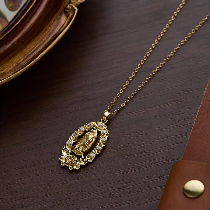 SolaceBeads Our Lady of Guadalupe Gold‑Tone Necklace: Ornate Floral &amp; Crystal Faith Pendant - image 4