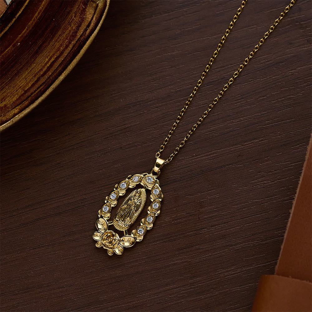 SolaceBeads Our Lady of Guadalupe Gold‑Tone Necklace: Ornate Floral &amp; Crystal Faith Pendant - image 3