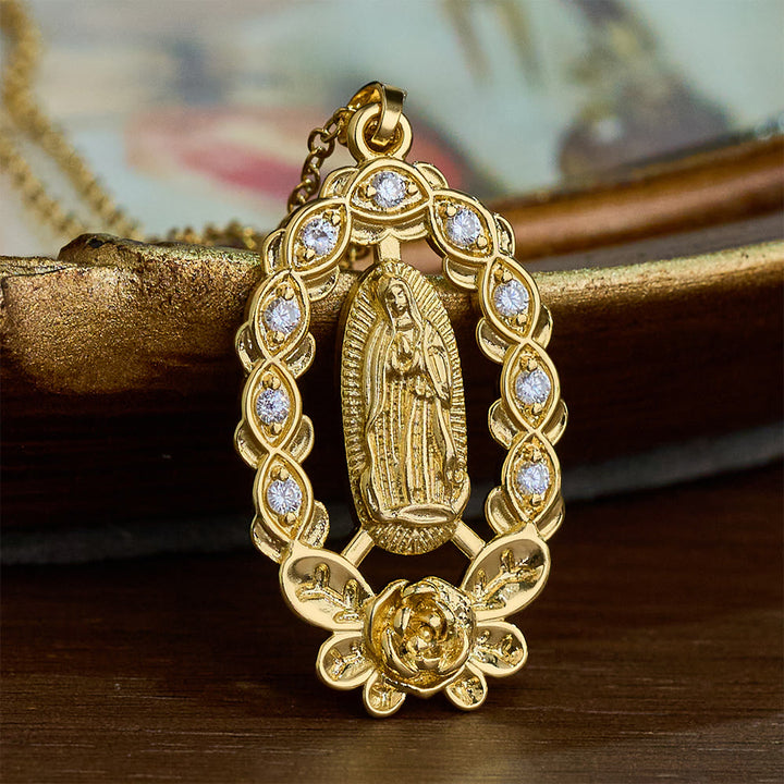 SolaceBeads Our Lady of Guadalupe Gold‑Tone Necklace: Ornate Floral &amp; Crystal Faith Pendant - Golden - image 0