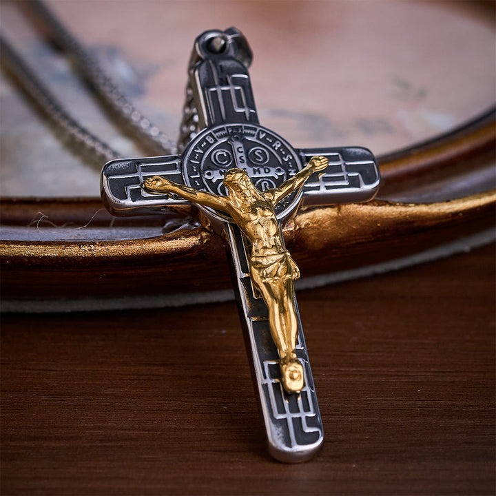 SolaceBeads St. Benedict Crucifix Necklace: Timeless Devotion In 3‑Tone Metal Craft - Silver-gold - image 0
