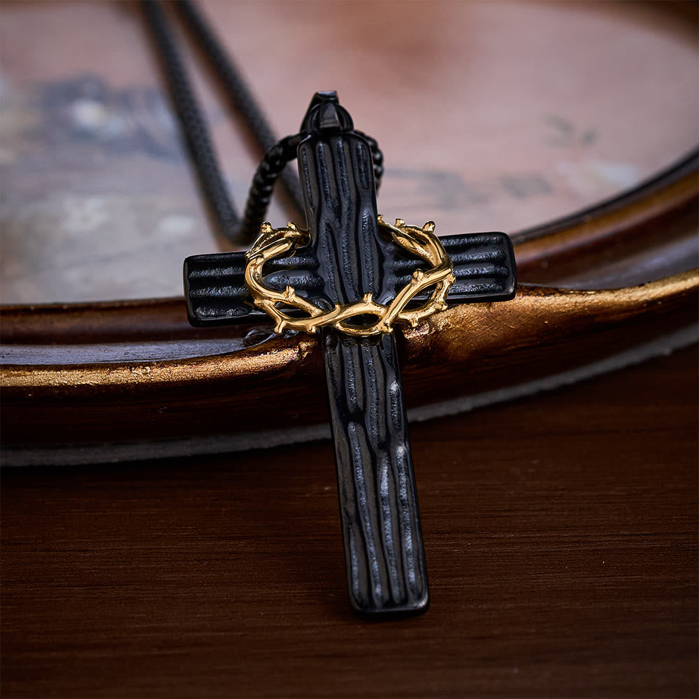 Solacebeads Crown of Thorns Cross Necklace: Sacred Sorrow &amp; Hope In Two‑Tone Metal - Black - image 1