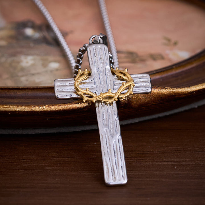 Solacebeads Crown of Thorns Cross Necklace: Sacred Sorrow &amp; Hope In Two‑Tone Metal - Silver - image 0