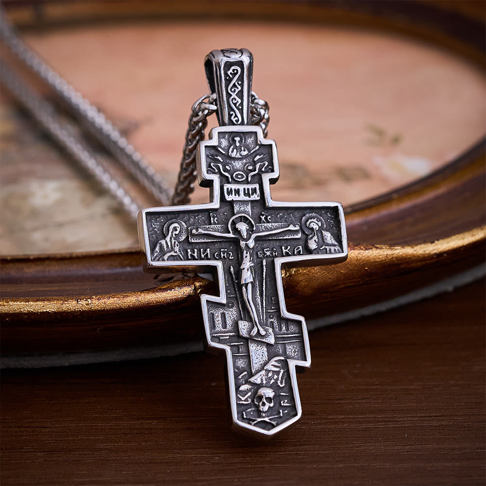 SolaceBeads Orthodox Crucifix Necklace: Vintage Engraved Sacred Icon in Stainless Steel - Silver - image 0