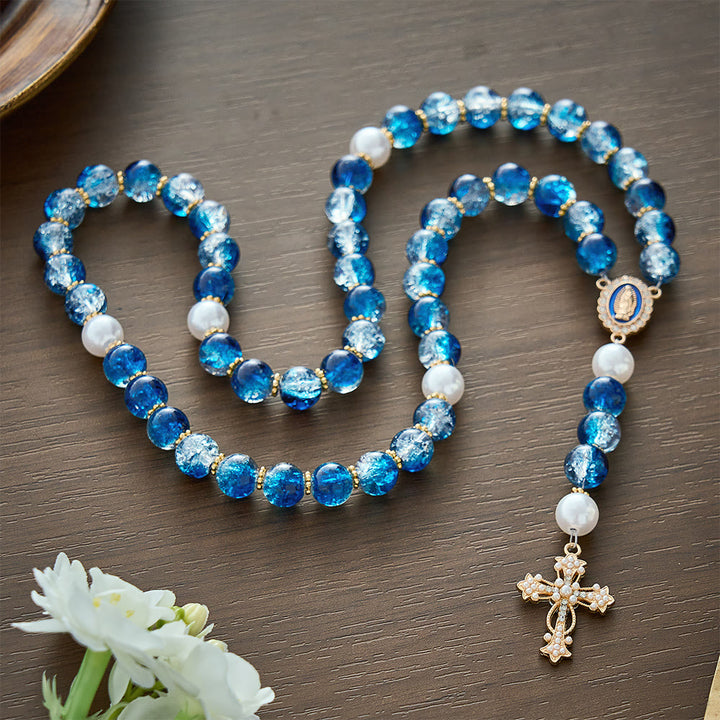SolaceBeads Gradient Ocean Crackle Glass Rosary &amp; Pearl Embedded Cross: Rooted in Guadalupe Faith - image 9