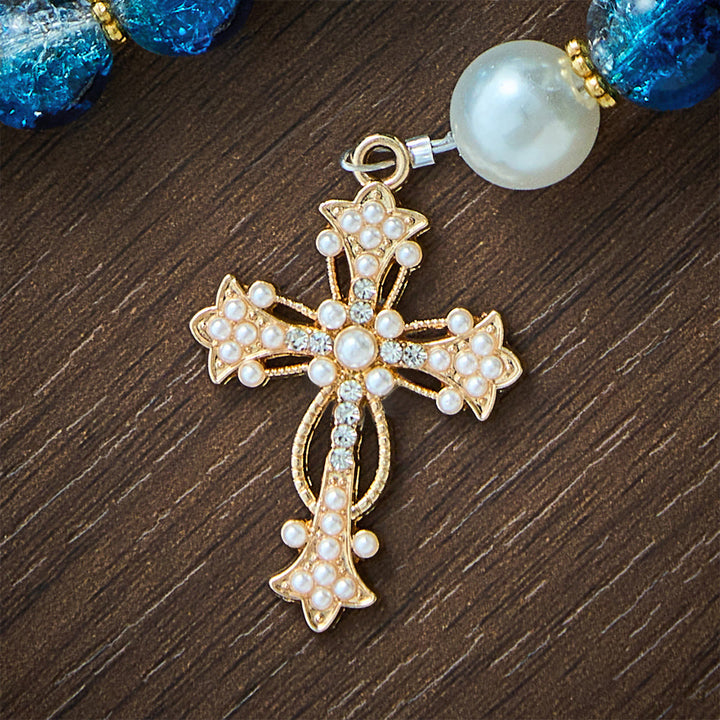 SolaceBeads Gradient Ocean Crackle Glass Rosary &amp; Pearl Embedded Cross: Rooted in Guadalupe Faith - image 4