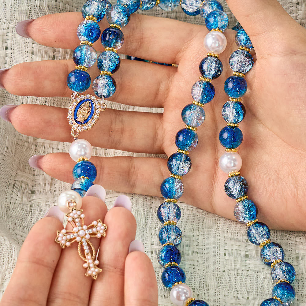 SolaceBeads Gradient Ocean Crackle Glass Rosary &amp; Pearl Embedded Cross: Rooted in Guadalupe Faith - image 1