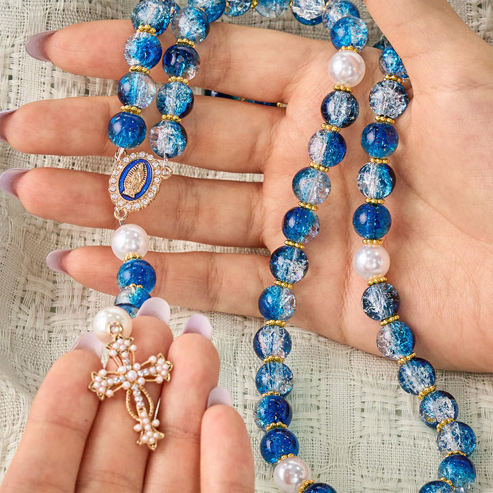 SolaceBeads Gradient Ocean Crackle Glass Rosary &amp; Pearl Embedded Cross: Rooted in Guadalupe Faith - image 1