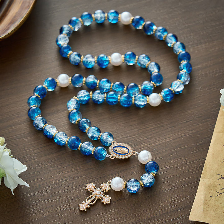 SolaceBeads Gradient Ocean Crackle Glass Rosary &amp; Pearl Embedded Cross: Rooted in Guadalupe Faith - Blue - image 0