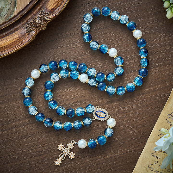SolaceBeads Gradient Ocean Crackle Glass Rosary &amp; Pearl Embedded Cross: Rooted in Guadalupe Faith - image 8