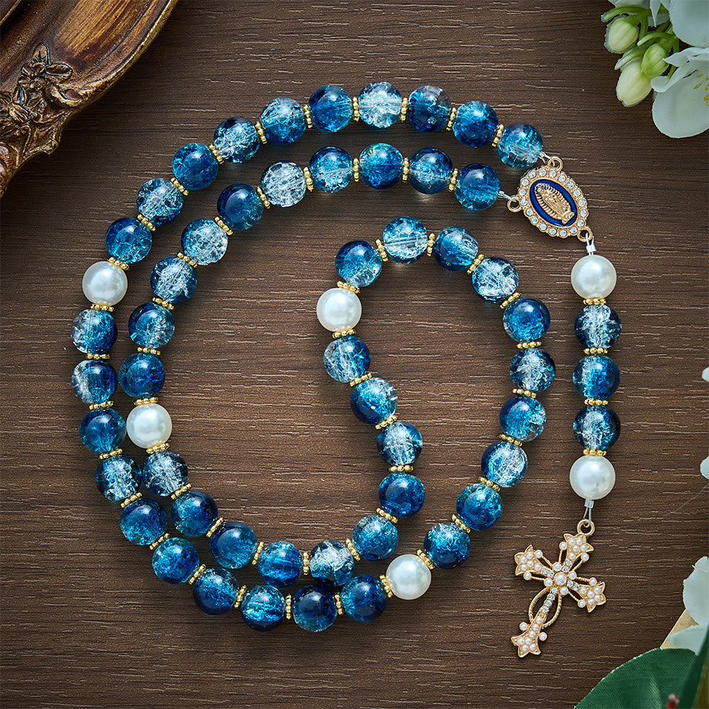SolaceBeads Gradient Ocean Crackle Glass Rosary &amp; Pearl Embedded Cross: Rooted in Guadalupe Faith - image 7