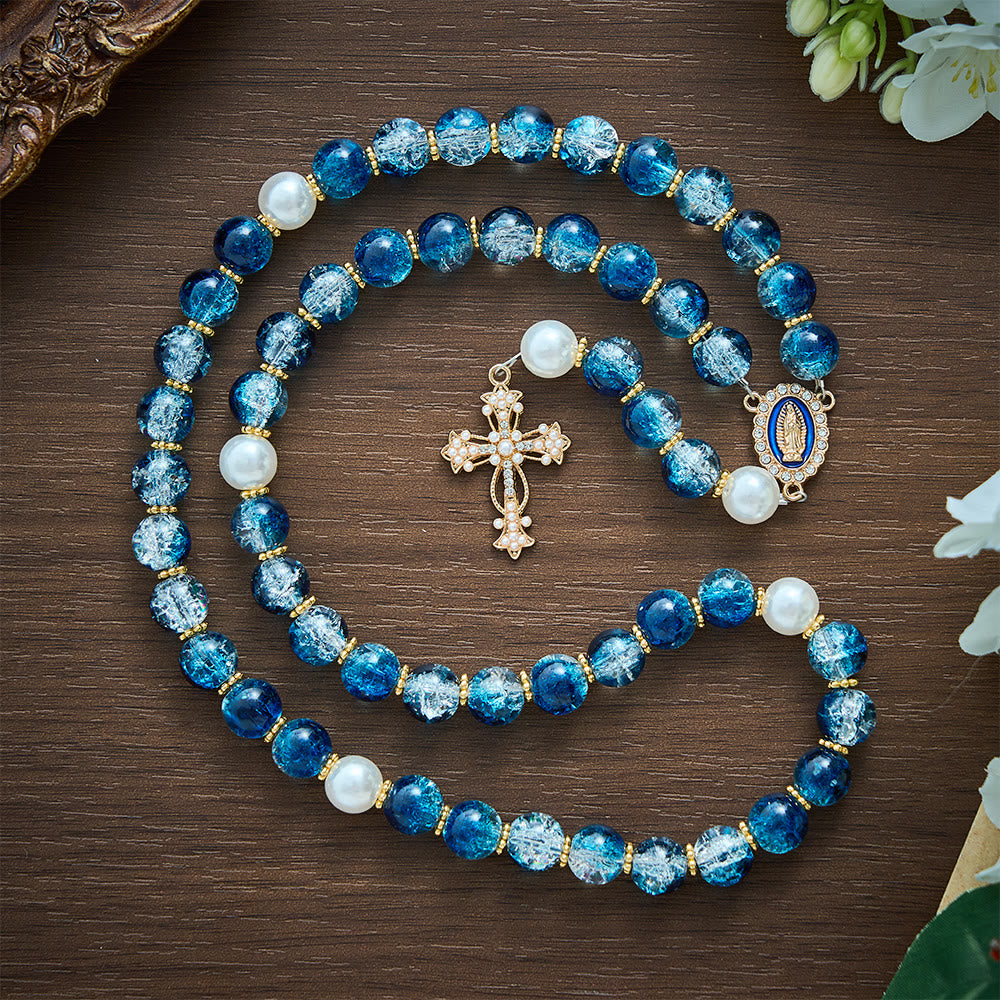 SolaceBeads Gradient Ocean Crackle Glass Rosary &amp; Pearl Embedded Cross: Rooted in Guadalupe Faith - image 6