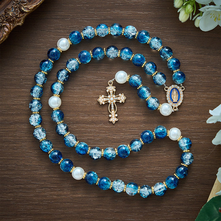 SolaceBeads Gradient Ocean Crackle Glass Rosary &amp; Pearl Embedded Cross: Rooted in Guadalupe Faith - image 6