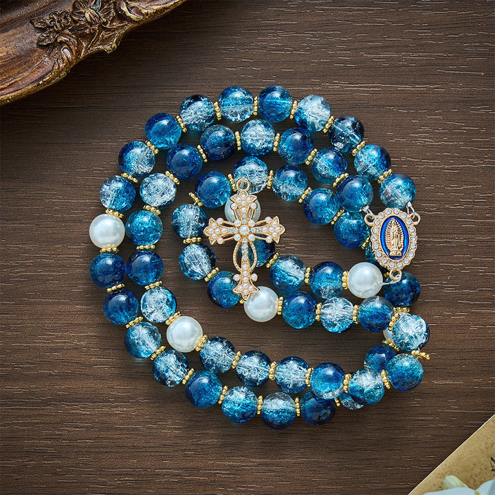 SolaceBeads Gradient Ocean Crackle Glass Rosary &amp; Pearl Embedded Cross: Rooted in Guadalupe Faith - image 5