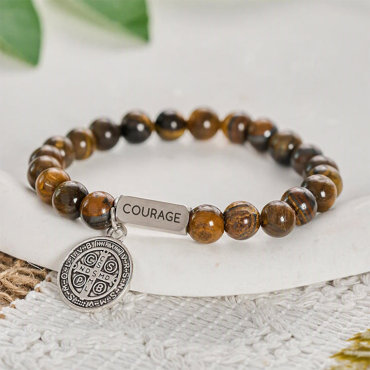 SolaceBeads Tiger Eye Bead Bracelet With Engraved Bar &amp; Benedict Medal: Brave In Earth‑Toned Grains - Tiger Eye - image 0