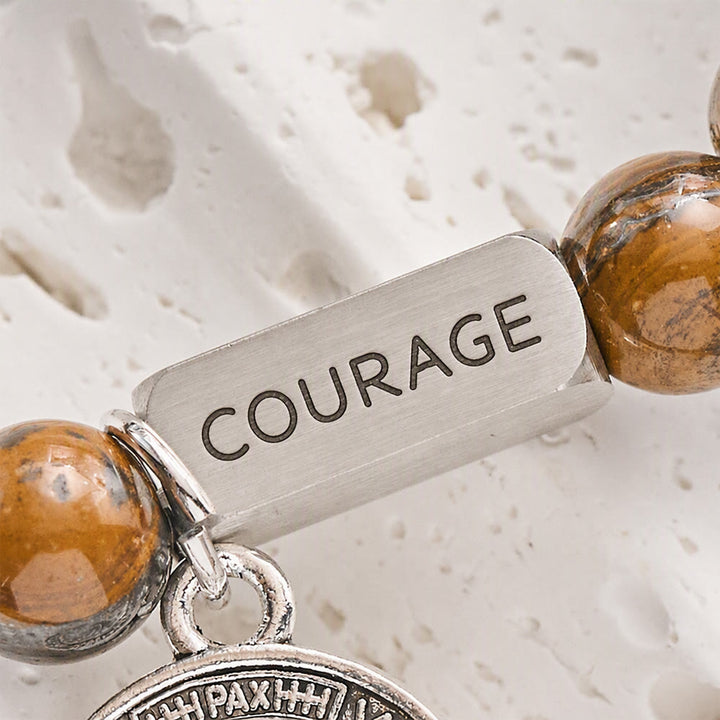 SolaceBeads Tiger Eye Bead Bracelet With Engraved Bar &amp; Benedict Medal: Brave In Earth‑Toned Grains - image 3