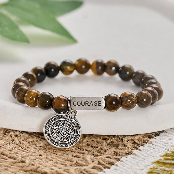 SolaceBeads Tiger Eye Bead Bracelet With Engraved Bar &amp; Benedict Medal: Brave In Earth‑Toned Grains - image 6