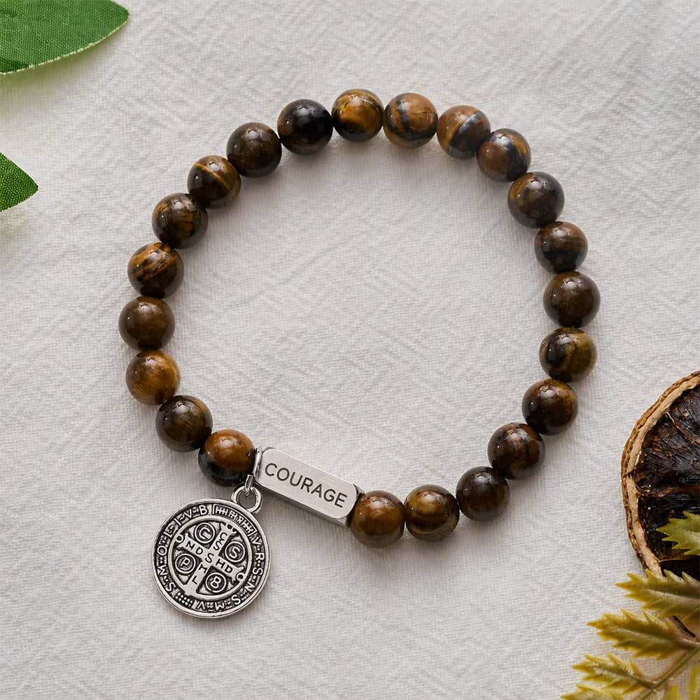SolaceBeads Tiger Eye Bead Bracelet With Engraved Bar &amp; Benedict Medal: Brave In Earth‑Toned Grains - image 7