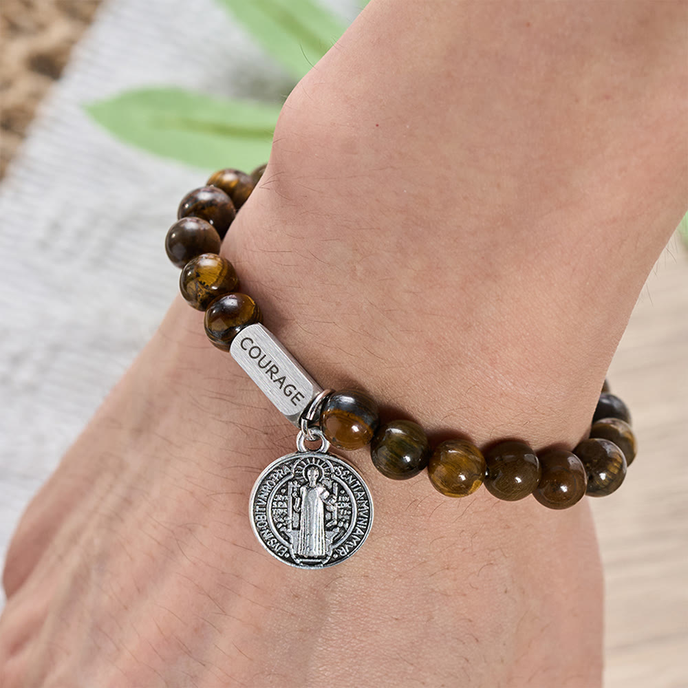 SolaceBeads Tiger Eye Bead Bracelet With Engraved Bar &amp; Benedict Medal: Brave In Earth‑Toned Grains - image 1
