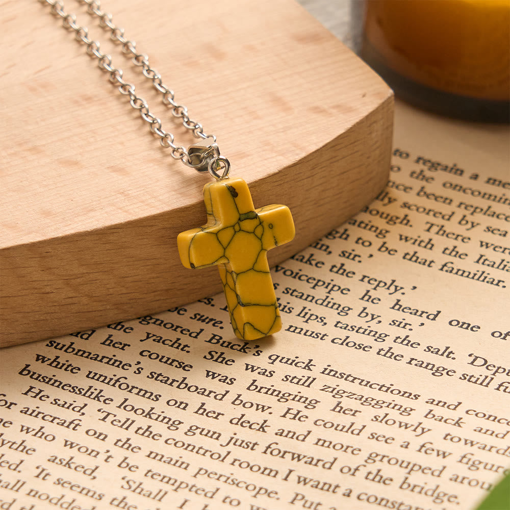 SolaceBeads Stone Cross Necklace: Peace‑Infused Howlite Pendant In Assorted Vibrant Hues - Yellow - image 1