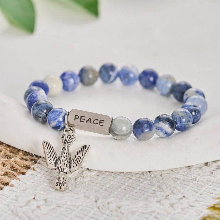 SolaceBeads Blue Sodalite Bracelet With Dove Charm &amp; PEACE Engraved Bar: Serenity Of Divine Peace - Blue Sodalite - image 0