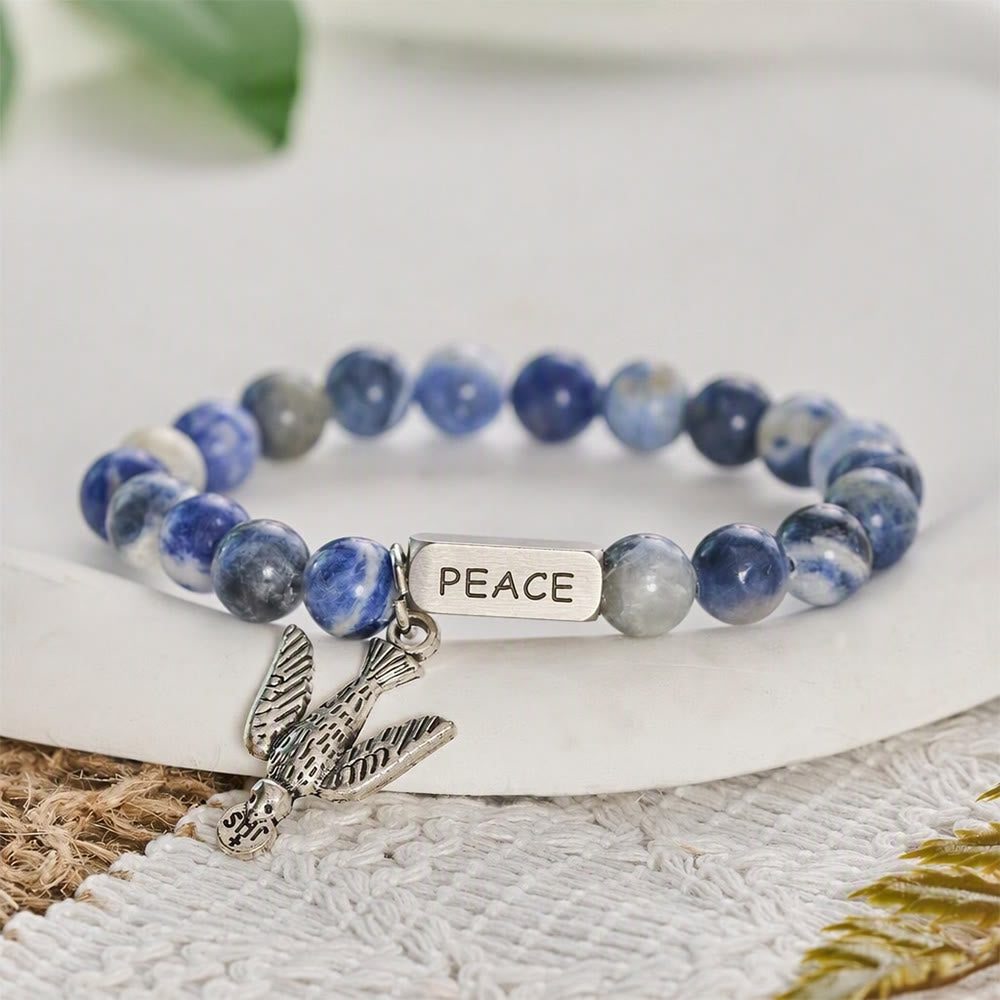 SolaceBeads Blue Sodalite Bracelet With Dove Charm &amp; PEACE Engraved Bar: Serenity Of Divine Peace - image 5