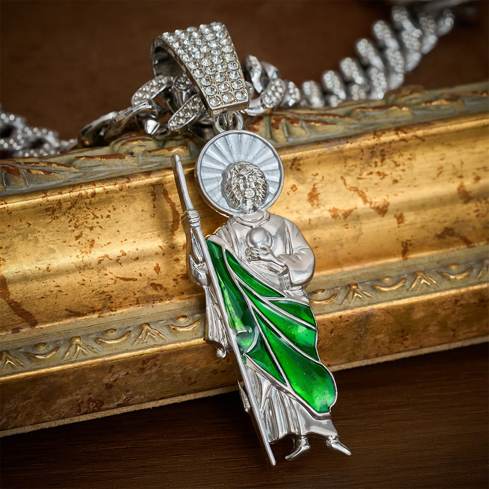 SolaceBeads St.Jude Thaddeus Necklace: Devotional Protection Pendant With Iced Cuban Chain - Silver - image 0