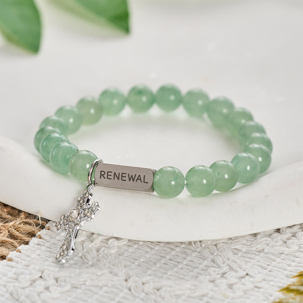 SolaceBeads Green Aventurine Bracelet With Crystal Cross & RENEWAL Tag: Grace Of Spiritual Renewal - Green Aventurine - image 0